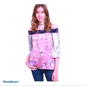 Fairycore Boho Off Shoulder Contrast Print L Top‎